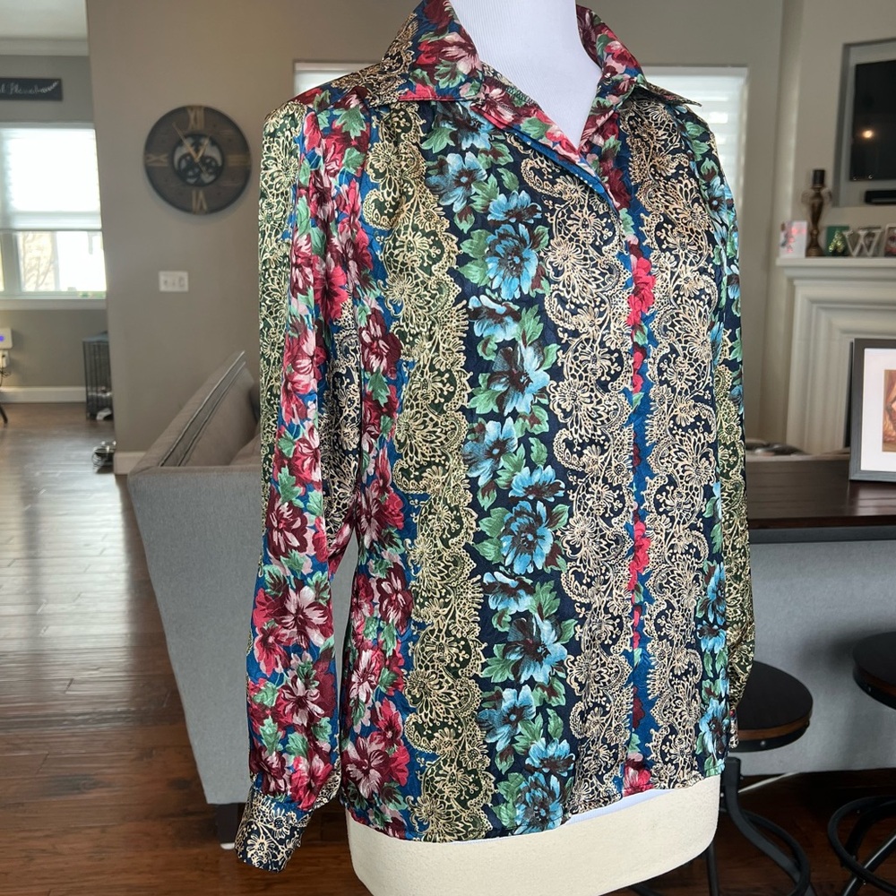Vibrant Vintage Notations Blouse Size 8 Button Up Colorful 80’s Satin Top Shirt - Picture 10 of 13
